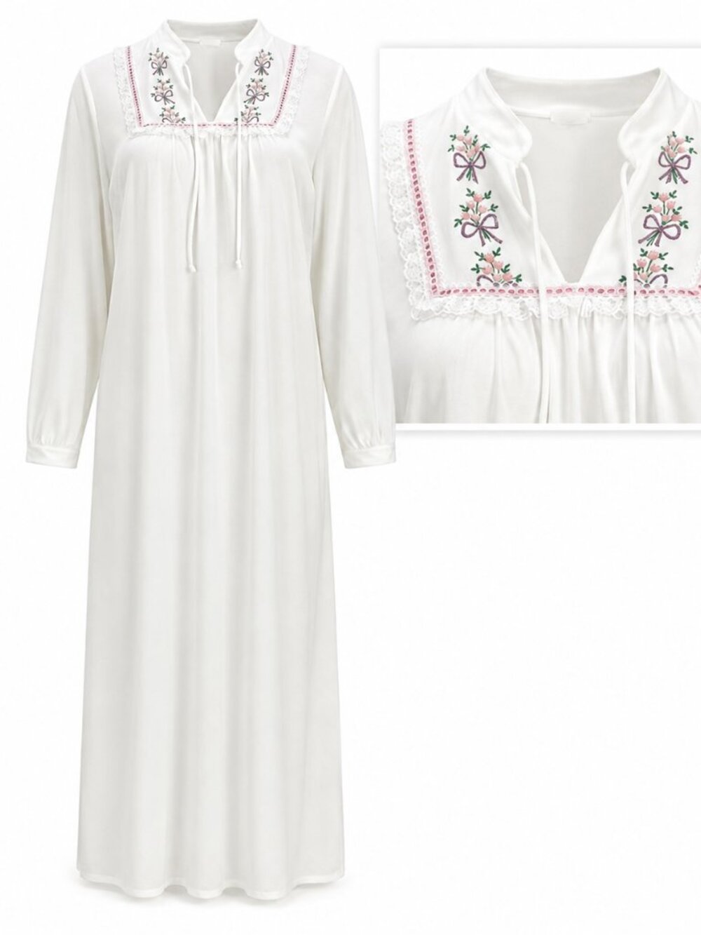 VTG White Long Nightgown Floral‎ Lace Bib Soft Fleece USA M Prairie Grandmacore